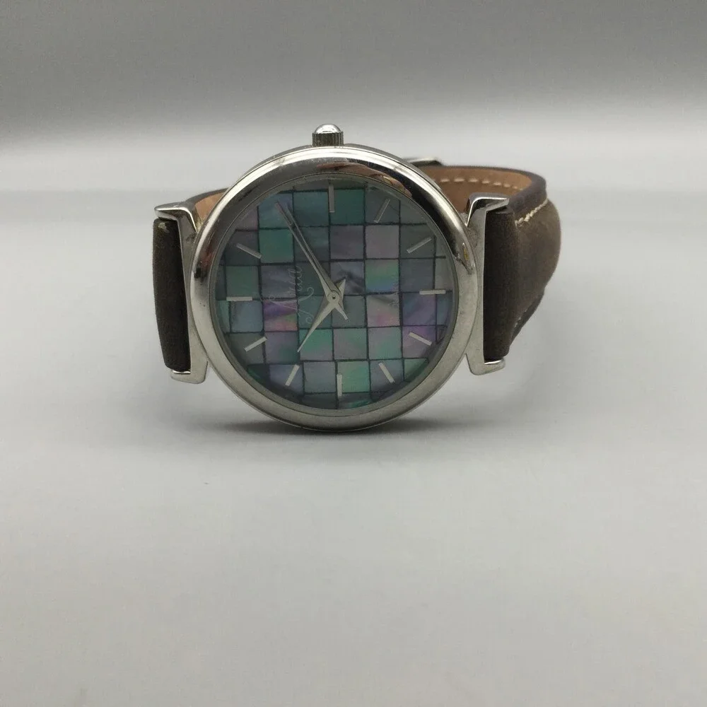 Aria Womens Watch 34mm Abalone Mosaic Dial Brown Leather Band New Battery
